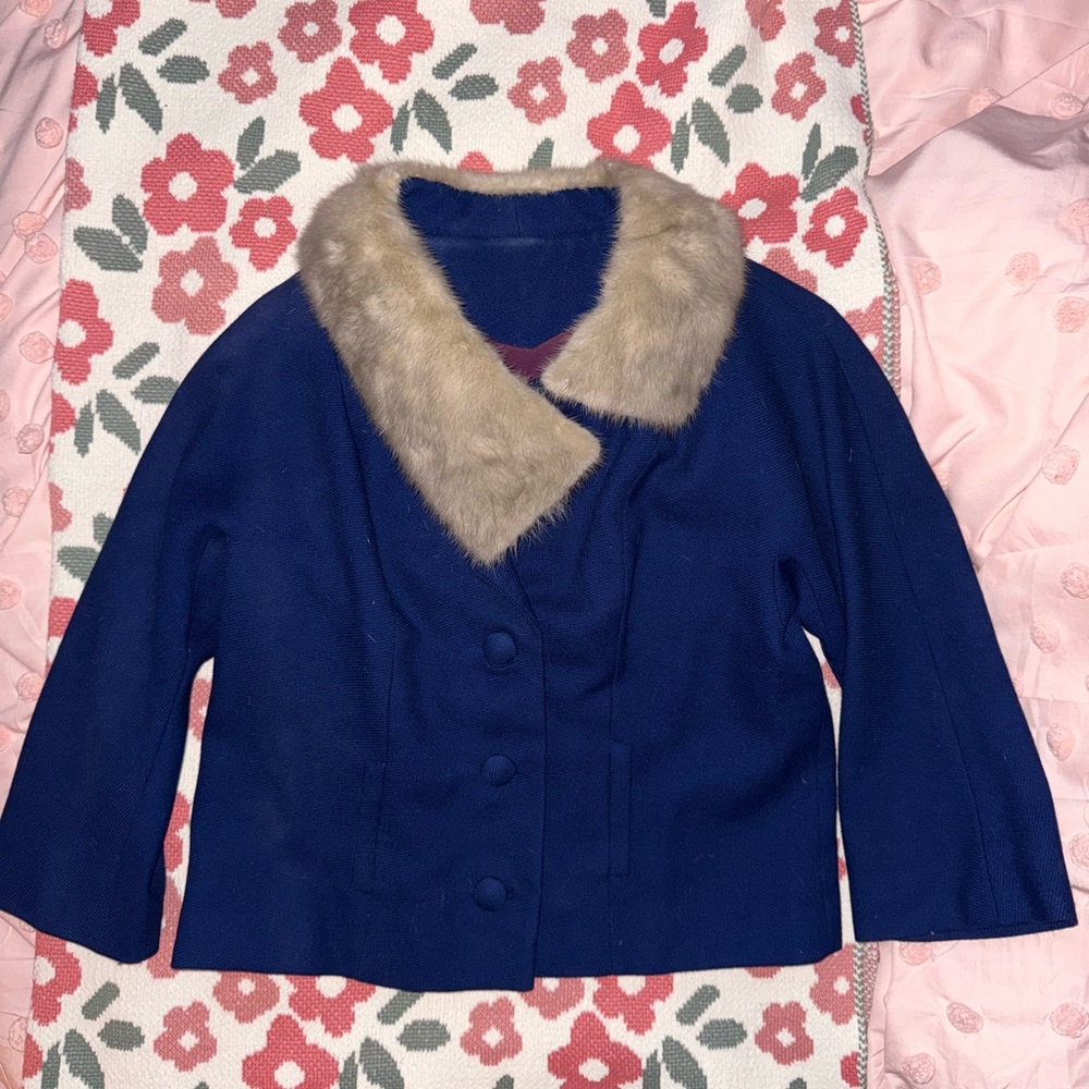 Vintage 1950s JACK BLOOM Women’s Blue Button Up Blazer Jacket Faux Fur Collar